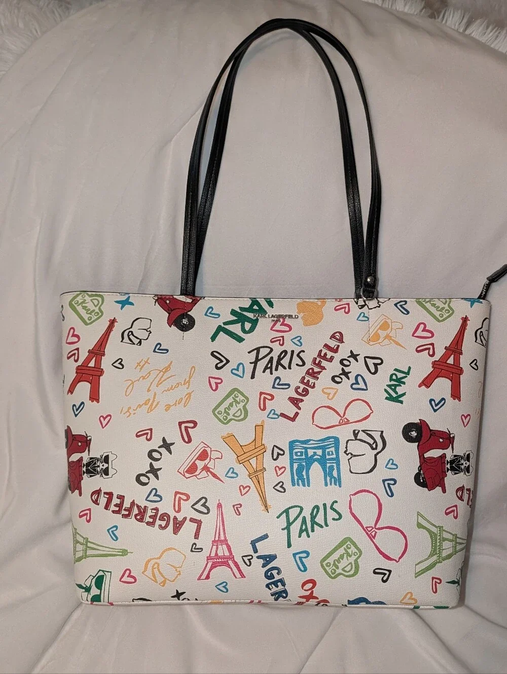 Karl Lagerfeld Paris Adele Tote Bag Graffiti Print White Multi NWT Missing Charm